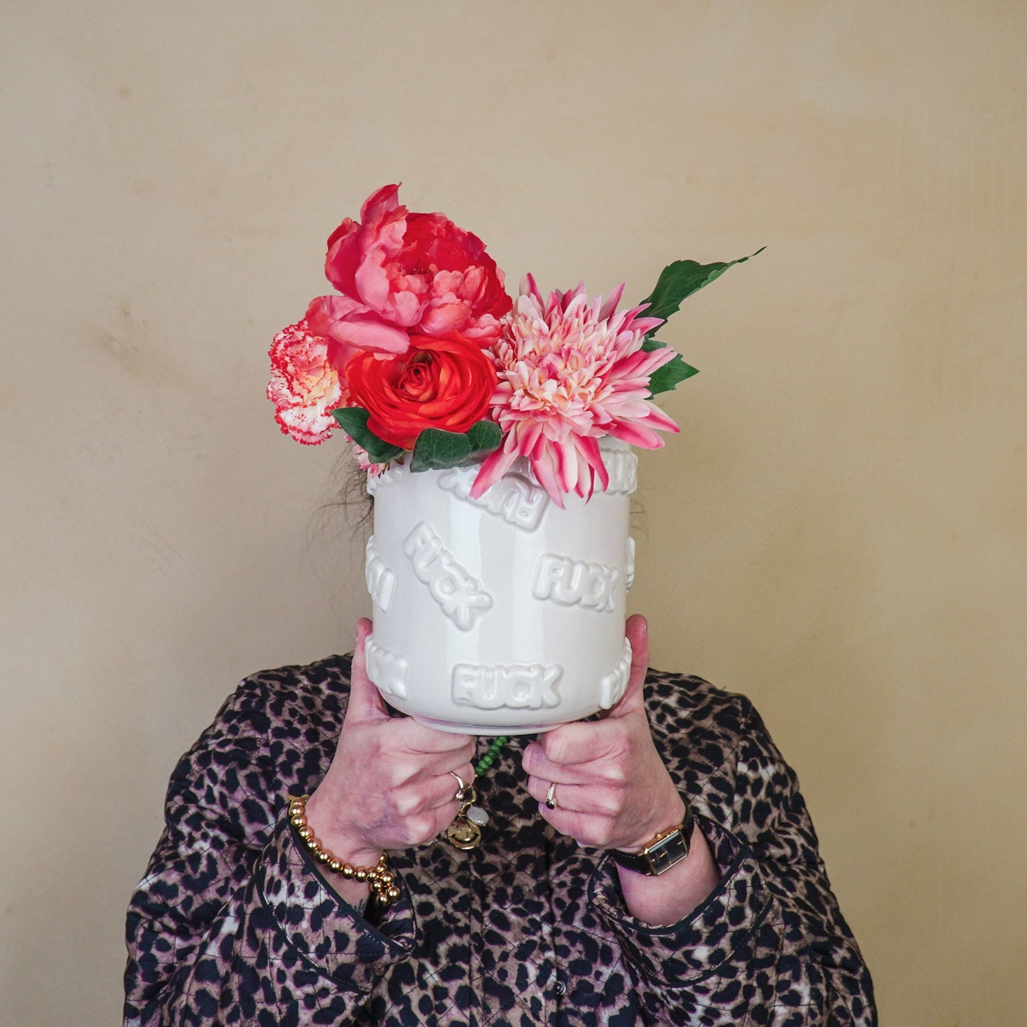 Pot - Planten Pot 'FUCK' - Keramiek - Zand -17,5x17,5x17,5cm