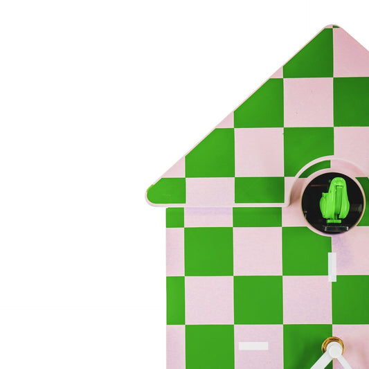 Clock - Wall Clock Cuckoo Clock - Checkered Pattern - Green/Pink - 24x27x9cm