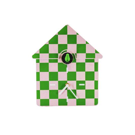 Clock - Wall Clock Cuckoo Clock - Checkered Pattern - Green/Pink - 24x27x9cm