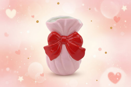 Vaasje - Met Strik - Keramiek - Roze/Rood - 11x10x16cm