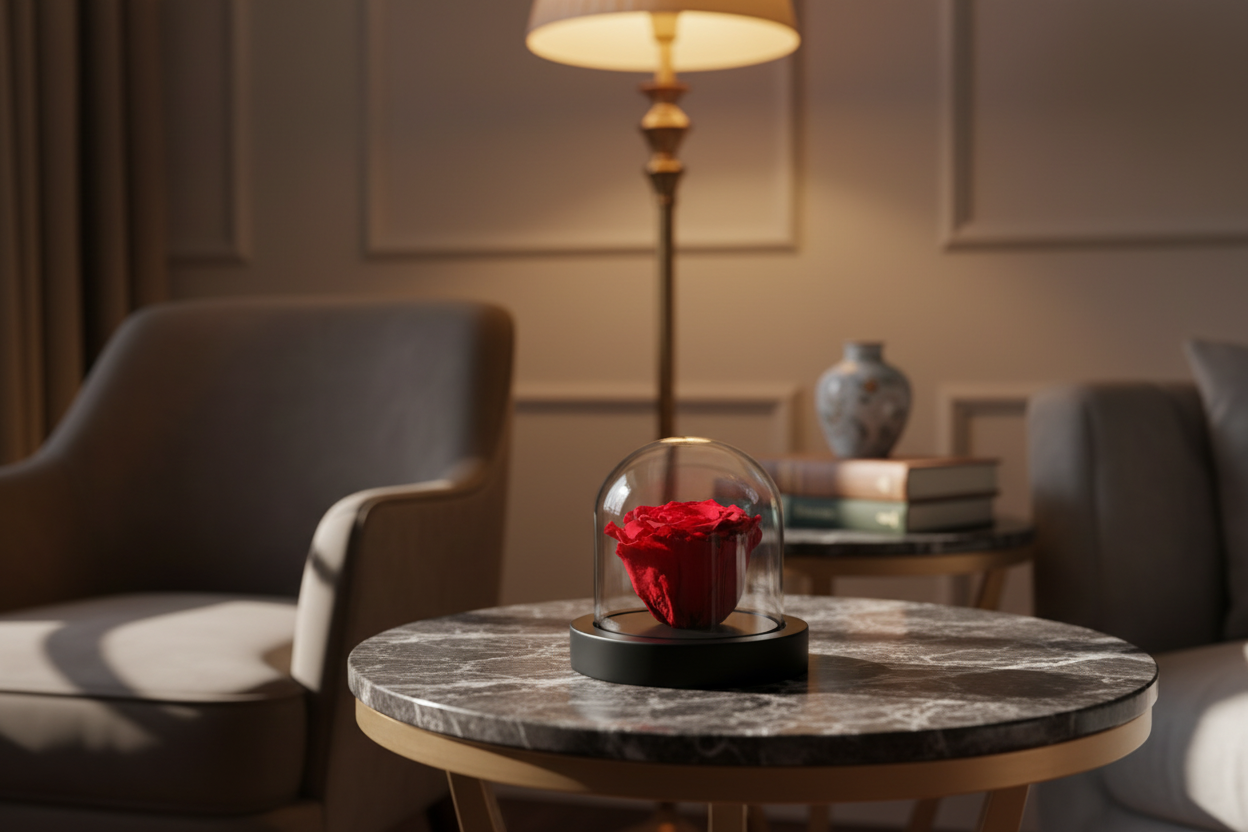 Rozenbloem in glazen stolp